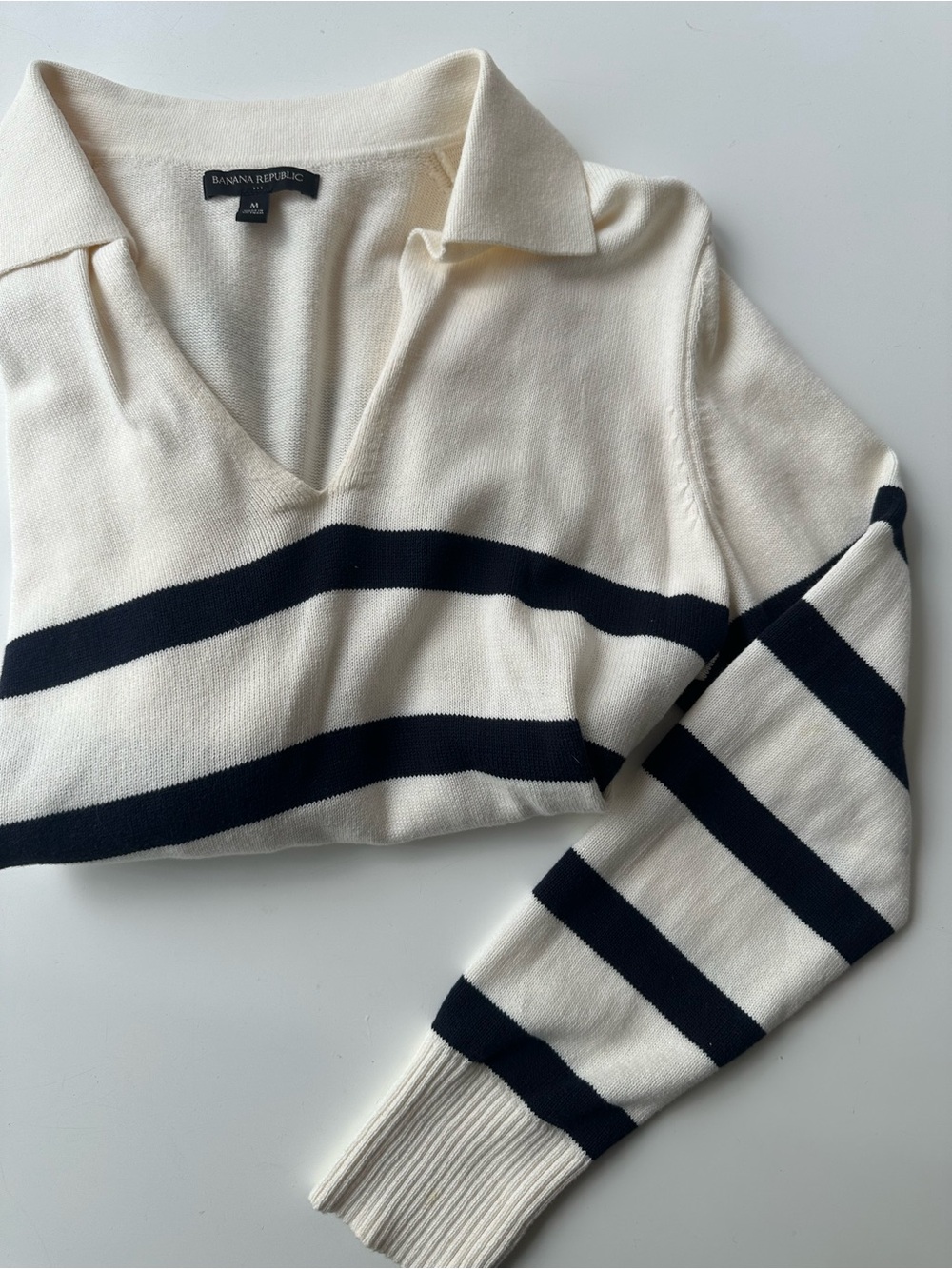 Banana Republic Cream and Navy Striped V-Neck Polo Sweater